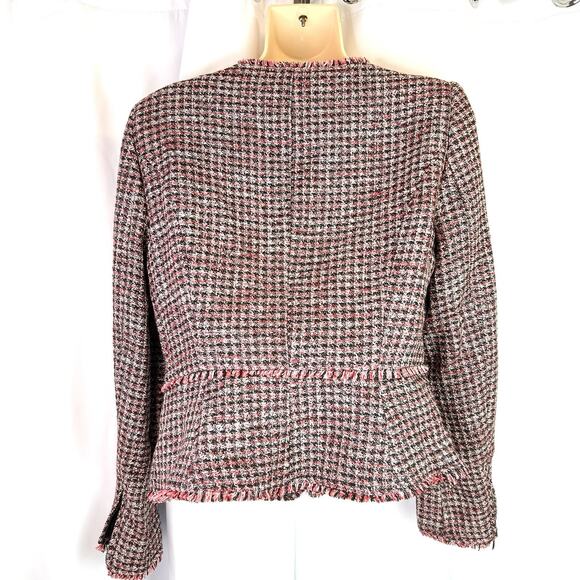 WHBM Red Black Tweed Fringe Moto Style Asymmetrical Zip Blazer Jacket Size 4 - Picture 9 of 16